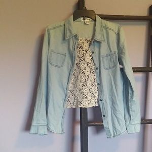 Lace back faux denim button up